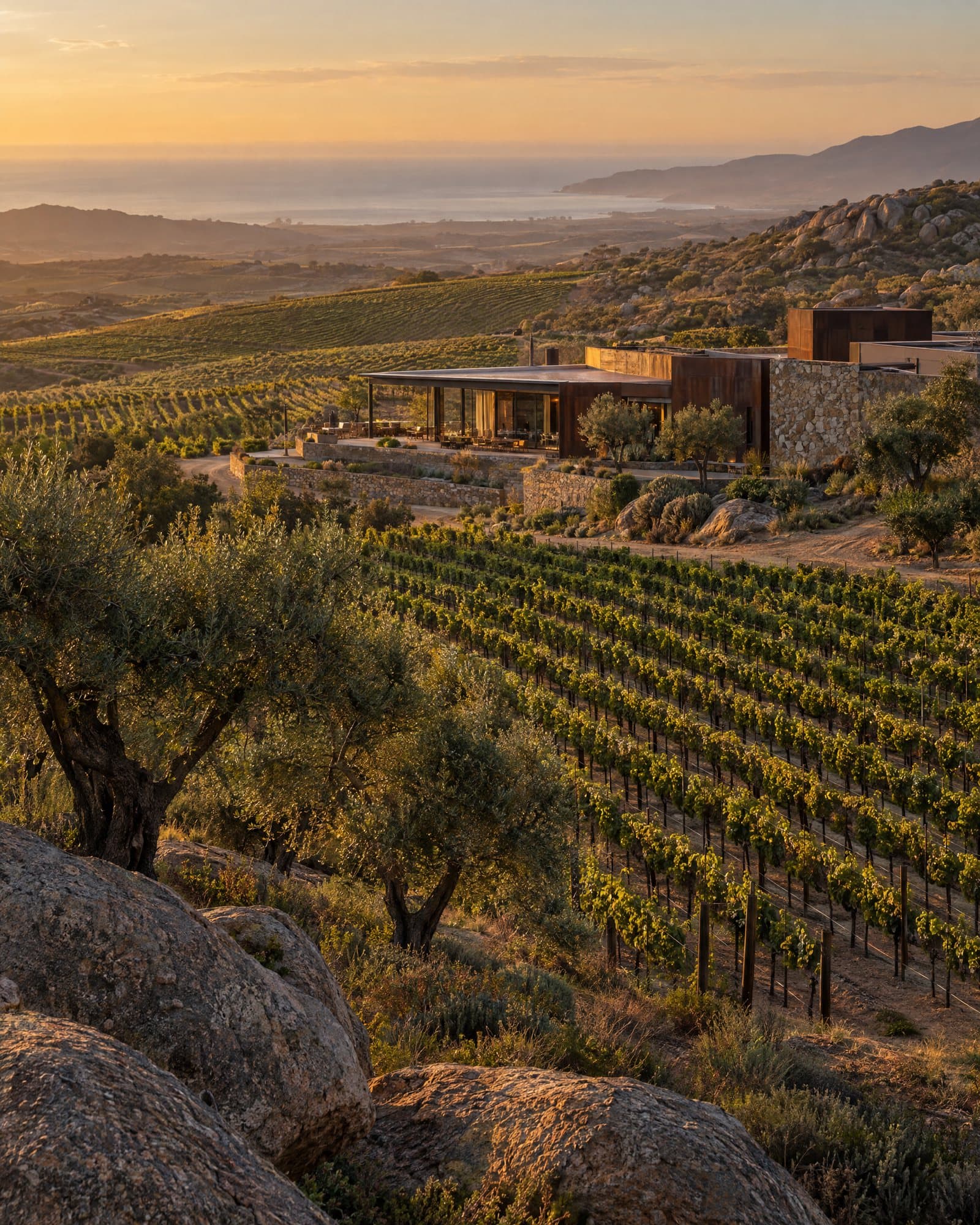 Viñedos y olivos en lomeríos del Valle de Guadalupe a la hora dorada