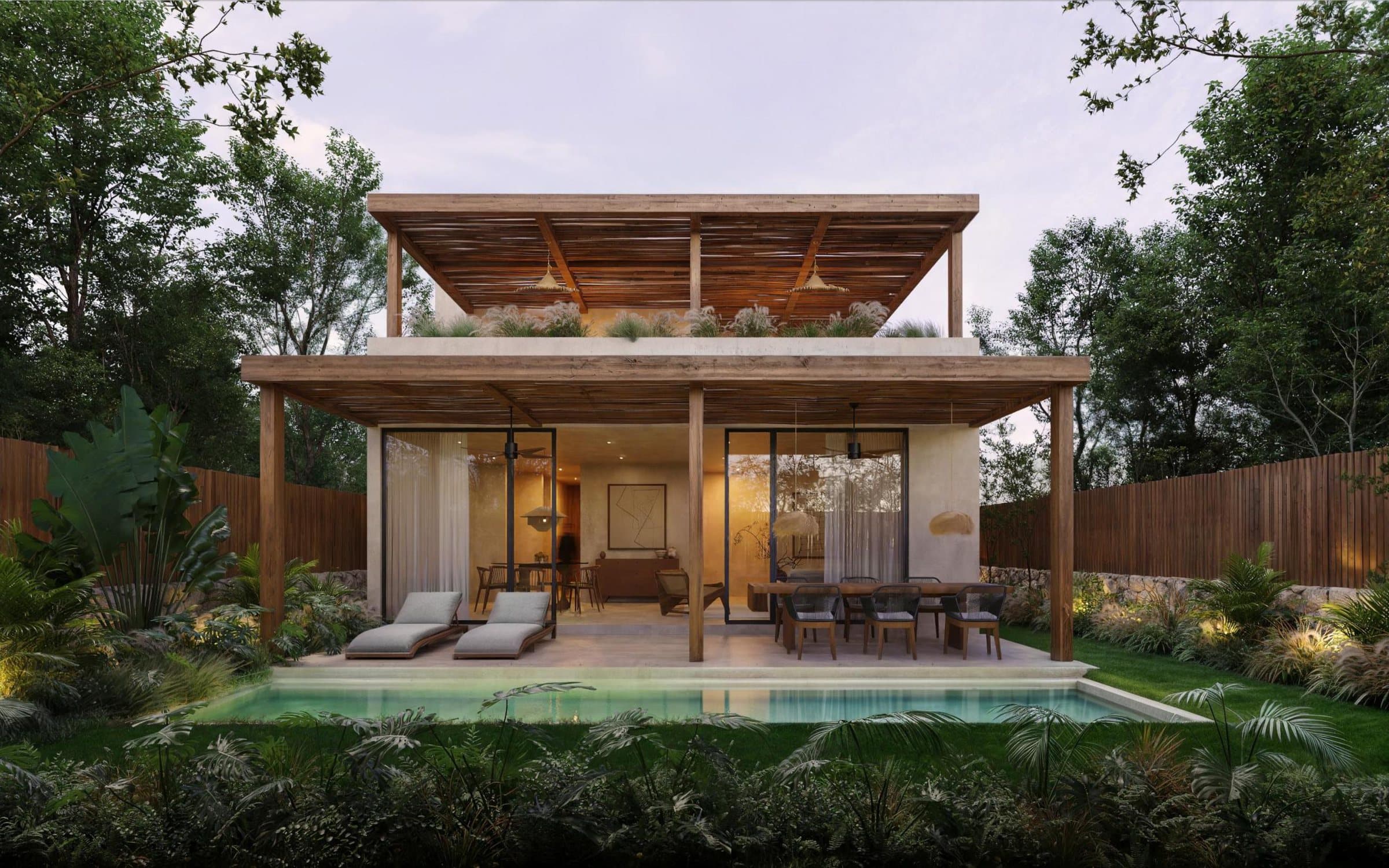 Render de villa EQUINOCCIO con terraza de madera, alberca y jardín tropical